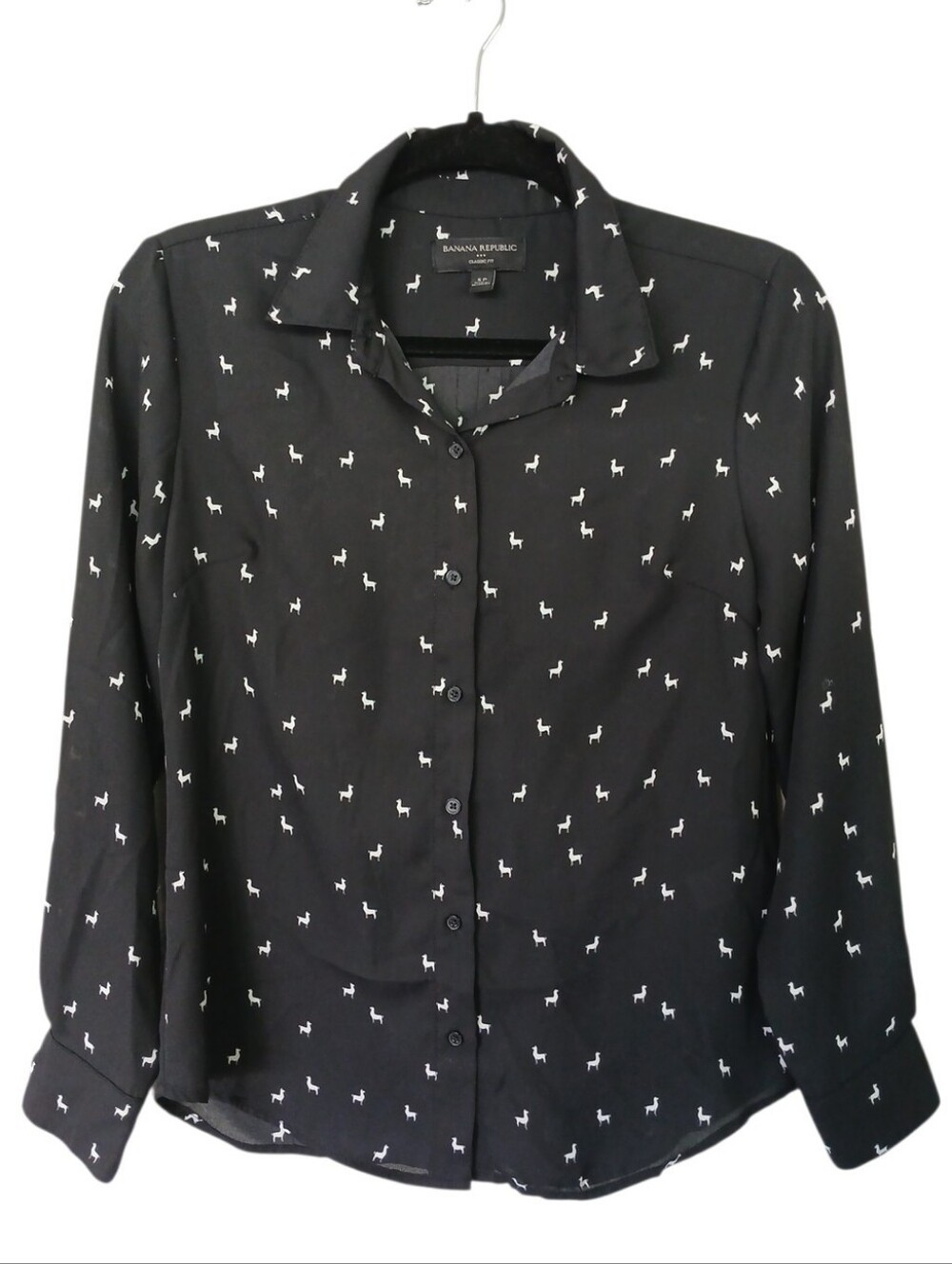 Banana Republic Black Button-Down Shirt with White Llama Print Small Petite